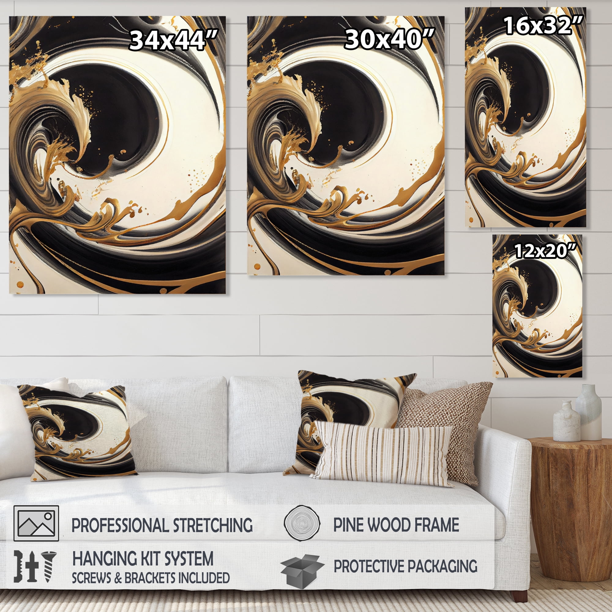 Designart Black And Gold Swirl V Canvas Wall Art
