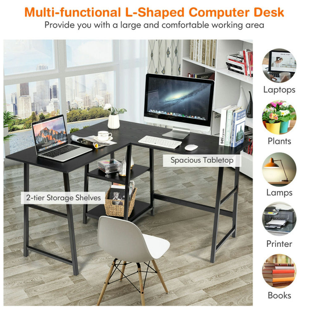 Demi Bonn L Shaped Corner Computer Desk with Storage Shelves, Small Home Office Desk Study Writing Table, Brown