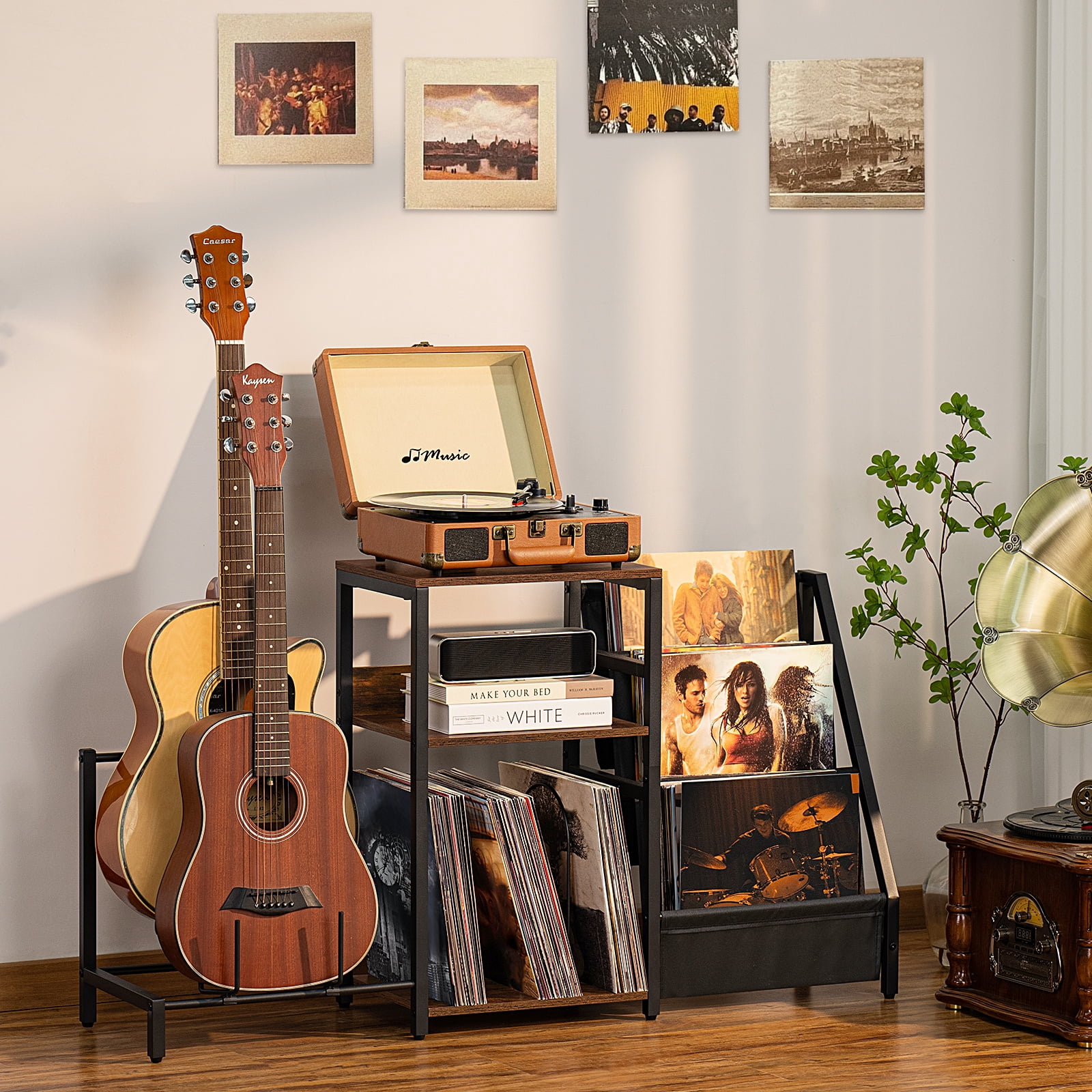 Vinyl Player Stand, Adjustable Guitar Stand for Acoustic Guitar, Violin, 3-Tier Turntable Stand with Vinyl Storage, Holds Up to 150 Albums, Retro Media Console Table for Living Room
