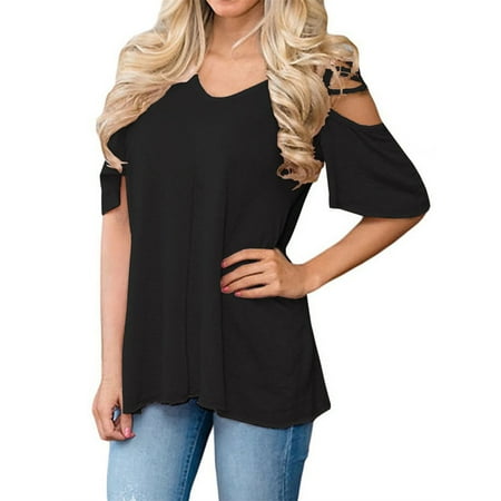 Criss Cross Knot - Cross Criss Women Lace-up Cold Shoulder Solid Color T-shirt Short Sleeve Top