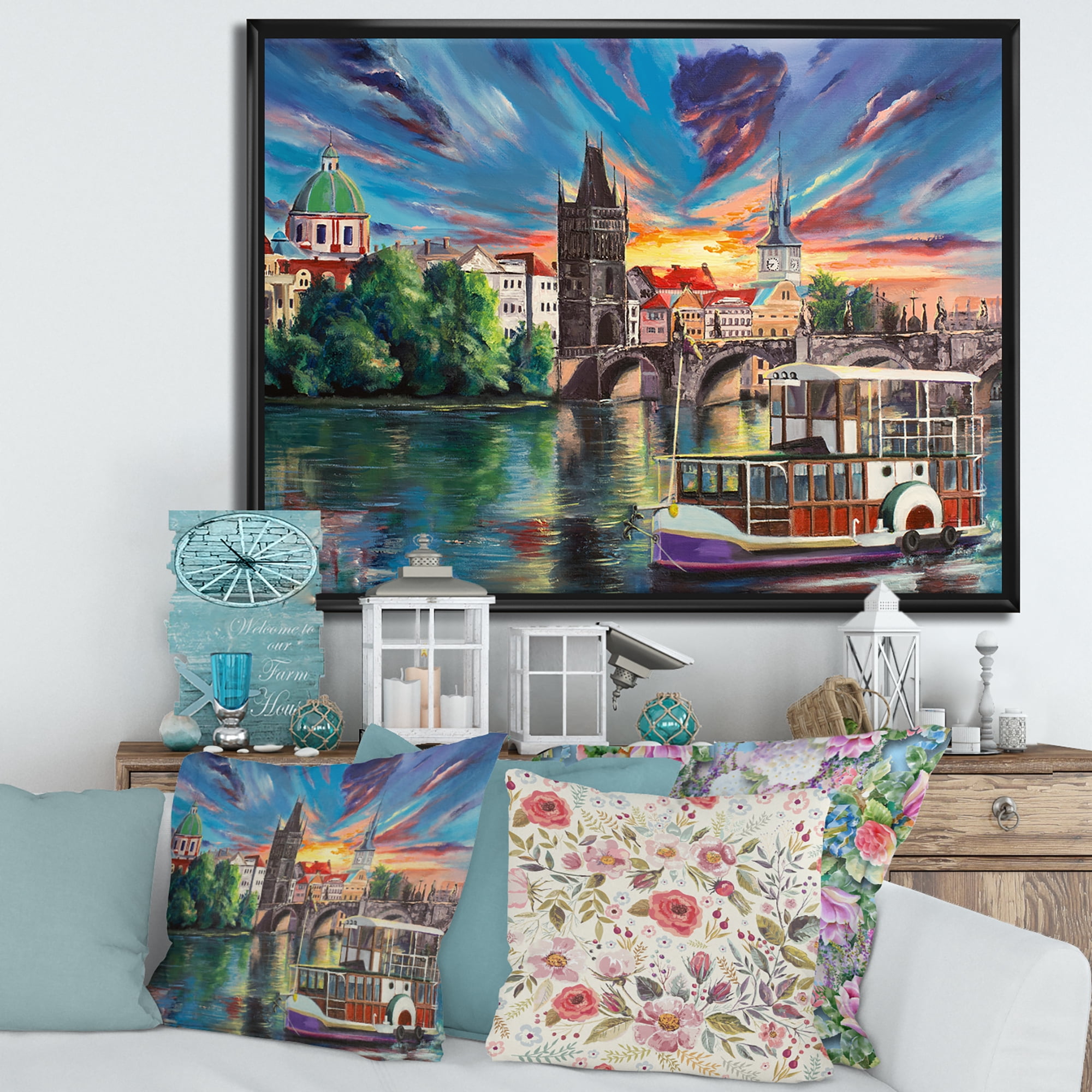 Designart 'Sunset Over Cityview Of Prague' Children's Art Framed Canvas Wall Art Print