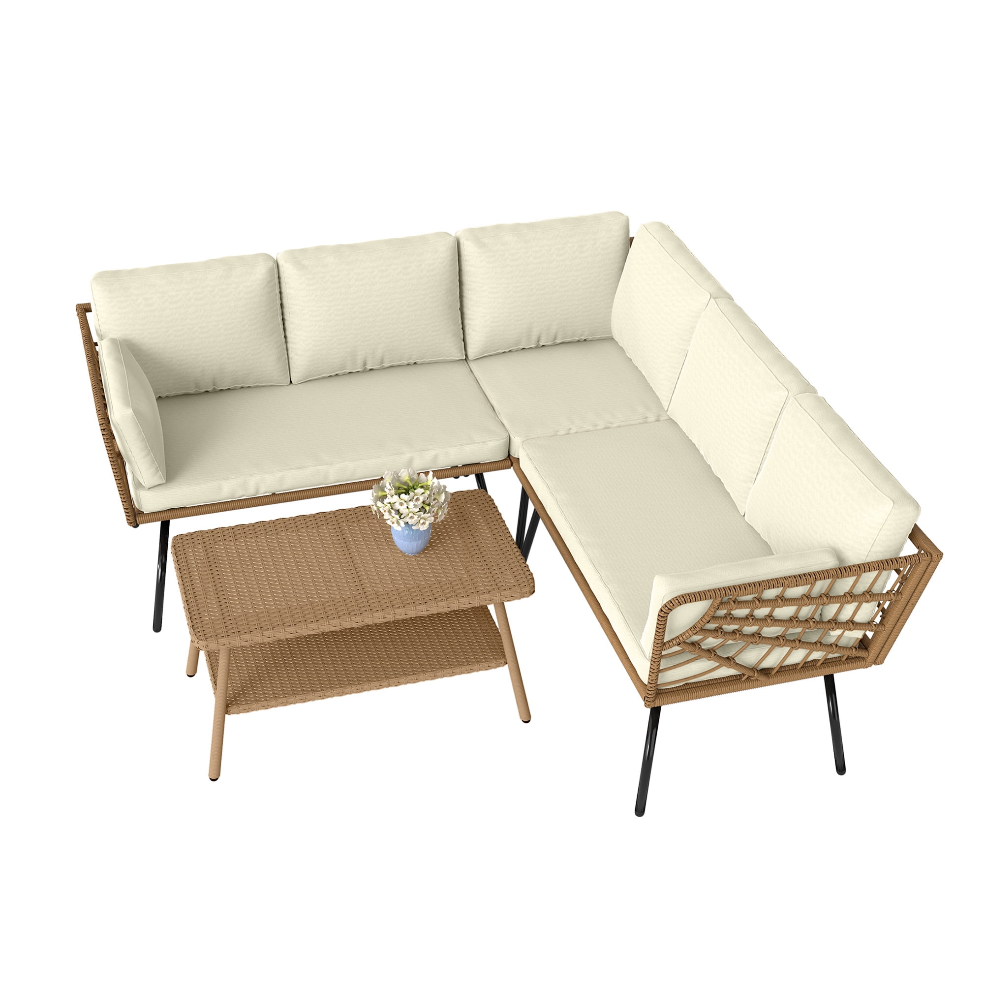 Craftian Patio Conversation Set, 4 Pieces Outdoor Furniture Set with L-Shaped Sofa,Cushions and Coffee Table