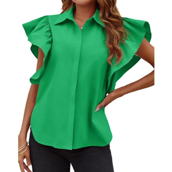 Women Ruffle Button Down Shirts Short Sleeve Lapel Tops Blouse