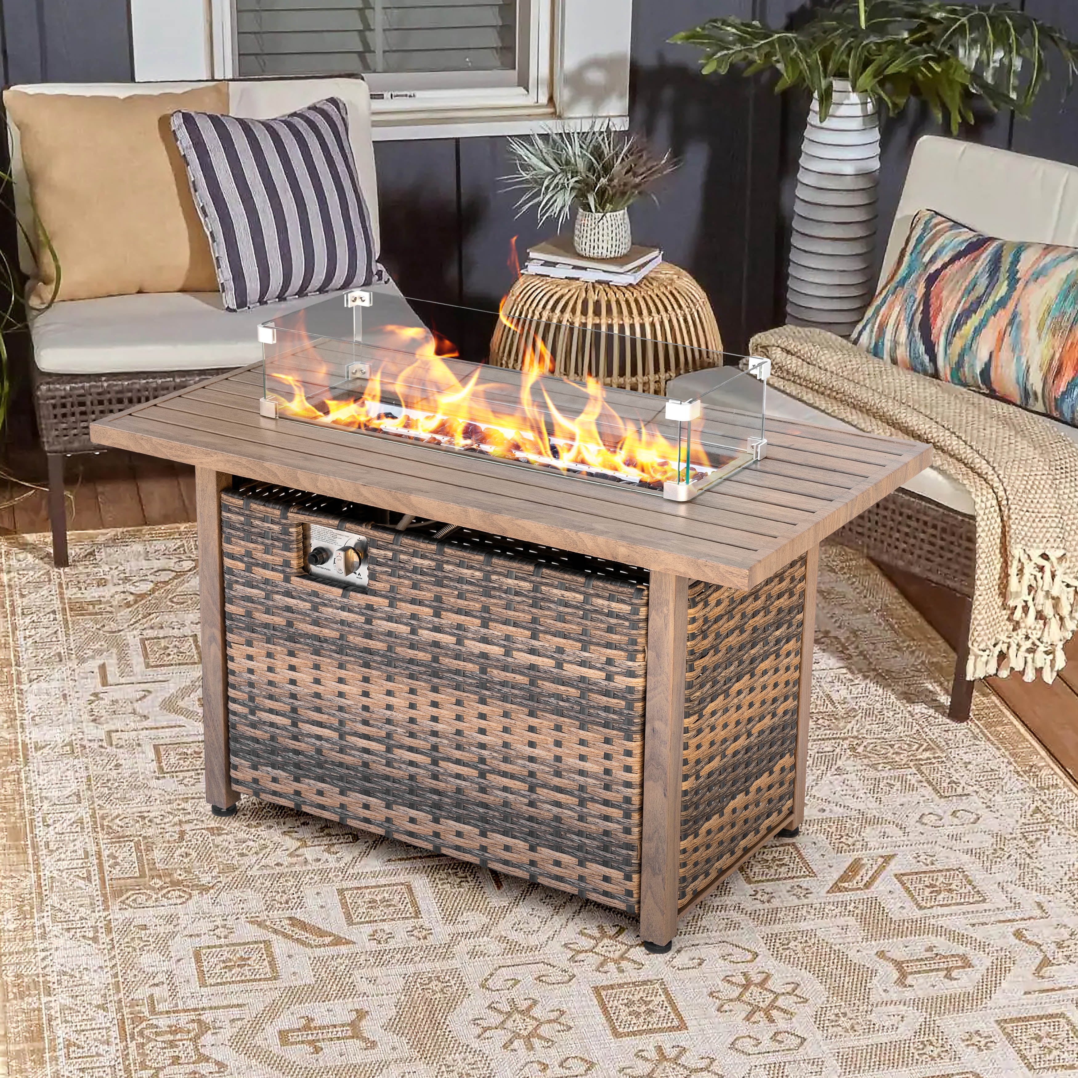 Nuu Garden 43'' Propane Gas Fire Pit with Glass Wind Guard, Rattan Outdoor Fire Pit Table 50,000 BTU Smokeless with Lid and Glass Beads, All-Metal Frame Patio Fire Pit Table , Brown