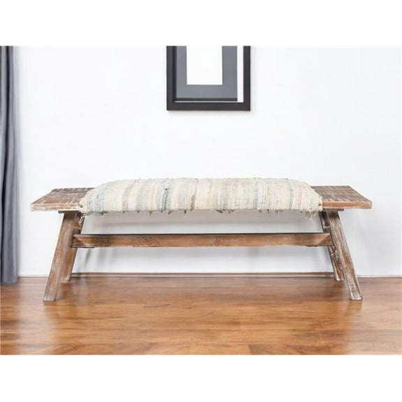 HomeRoots 548263 50 in. White & Brown Cotton Upholstered Striped Bench