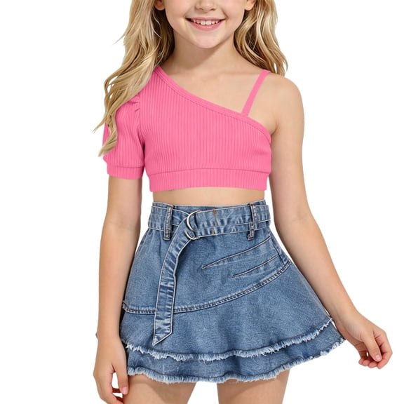 Tween Girls Fashion Clothes 2 Piece Outfit Asymmetrical Ribbed One Shoulder Crop Top And Belted Tiered Denim Skirt Set Summer Casual Streetwear Apparel Suit