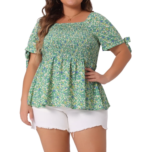 Blusas de verano de talla grande para mujeres Agnes Orinda con cuello cuadrado, fruncido, lazo y mangas cortas, peplum 2X verde
