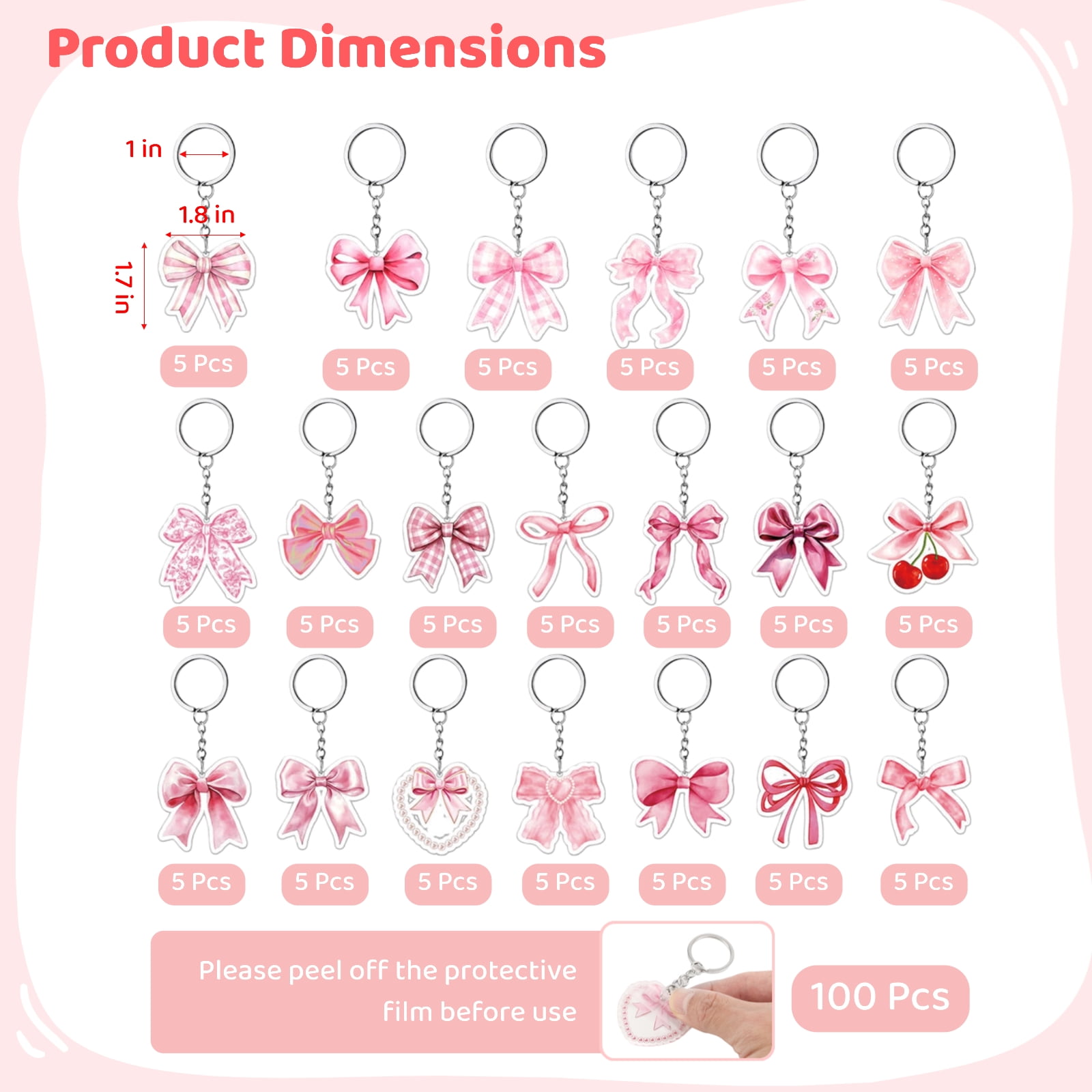 100PCS Pink Bow Party Favors, Acrylic Pink Bow Keychains, 20 Unique Designs, Cute Bag Charm Accessories with Sturdy Metal Rings, Ideal for Present Bag, Candy Boxes, Party Supplies