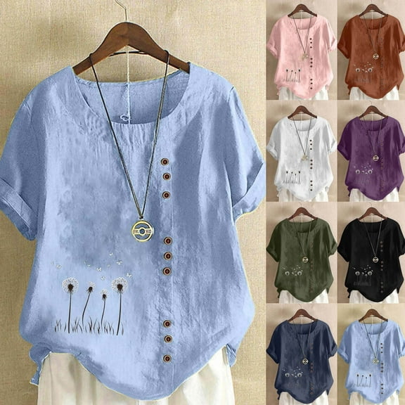 DDAPJ pyju Linen Tops for Women Plus Size Floral Print T Shirt Round Neck Short Sleeve Casual Dressy Blouse Boho Summer Tees Sales of Today Army Green XXXXL