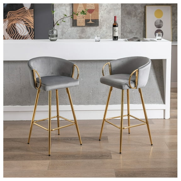 Set of 2 Velvet Bar Stools with Chrome Base and Footrest, 30 Inch Counter Height Swivel Stools, Gray Upholstered Seating