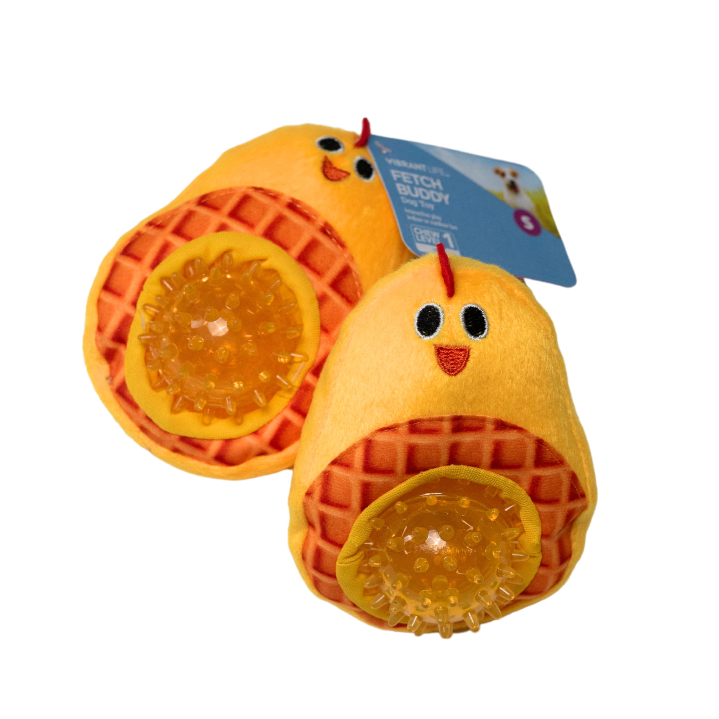 Vibrant Life Fetch Buddy Chicken Waffle Plush Dog Toy with Detachable Spikey Ball, Chew Level 1