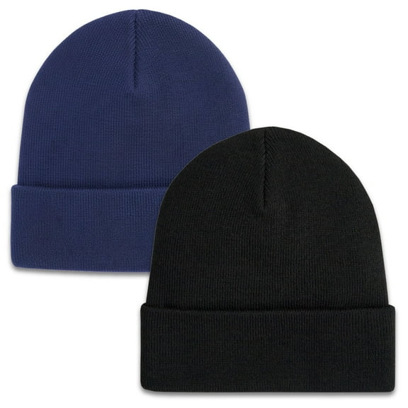 2 Pack Beanie Hats for Women & Men, Winter Hat Unisex Knitted Cuffed Plain Skull Caps Navy