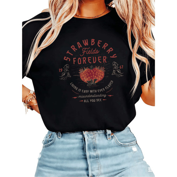 UNISHE Women's Strawberry Fields Forever 1967 Retro Strawberry Graphic Short Sleeve T-Shirt Casual Cotton Crewneck Top Black S-5XL