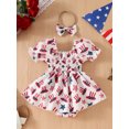 thumbnail image 4 of Musuos Baby Girl 4th of July Outfit, 3 6 9 12 18Months Star Print Puff Sleeve Shirred Romper Dress Bow Headband Summer Set for Infant, 4 of 9