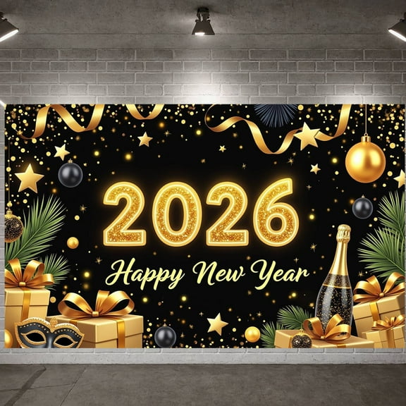 Gold Theme 2026 New Year Banner Golden Balloons Happy New Year Display Firework Design Star Patterns 2026 Celebration Background for New Year Party 2026 Celebration Indoor Decoration