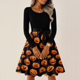thumbnail image 4 of Women's Halloween Dress Castle Pumpkin Long Sleeve 1950s Hepburn Fall Dresses Crew Neck Cocktail Cute Casual Tea Length Dress with Belt XL, 4 of 6