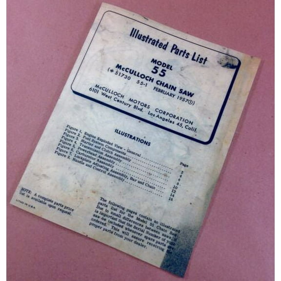 Mcculloch Chain Saw Model 55 Illustrated Parts List Catalog 2 Stroke Engine 1957