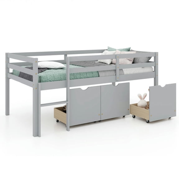 GVN Bunk Bed Frame,Twin Size Low Loft Bed with 3 Drawers with Ladder and Full-length Guardrails-Gray