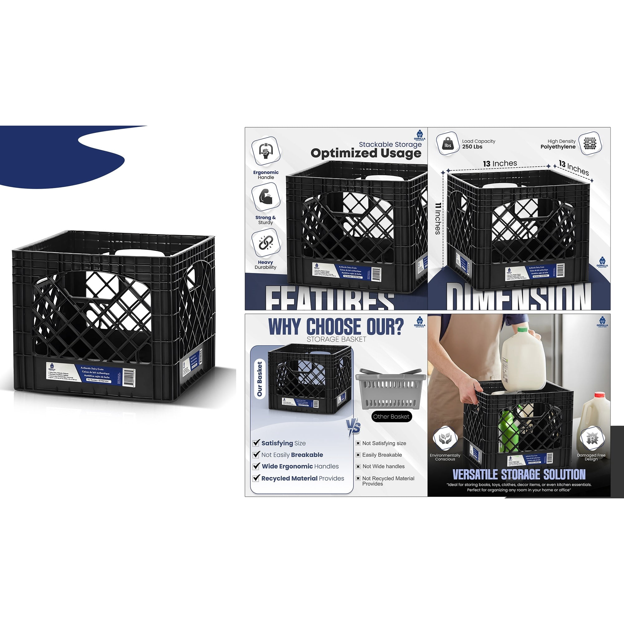 Gorilla Crates: Milk Crate: 16 Qt - Black - 13x13x11" Multi-Purpose Storage Solution, Stackable Organization, Heavy-Duty Plastic Bin, Built-In Handles