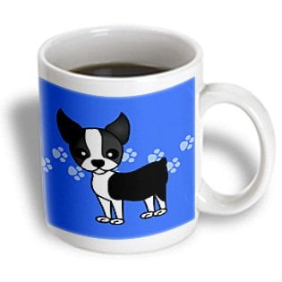 - 3dRose Cute Boston Terrier Blue Pawprint Background, Ceramic Mug, 11-ounce