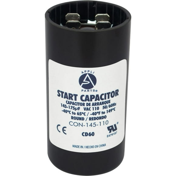 Appli Parts Motor Start Capacitor 145-175 Mfd (Microfarads) Uf 110-125 Vac Universal Fit For Electric Motor Applications 1-7/16 In Diameter 2-3/4 In Height Con-145-110