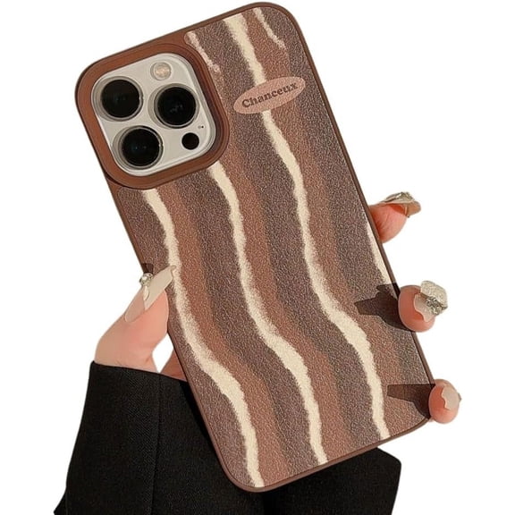 Compatible with iPhone Case,Classic PU Leather Curly Wave Stripe [Compatible with Wireless Charging] Full Body Protection Soft Shockproof Cover Phone Case (Brown,iPhone 13 Pro Max)