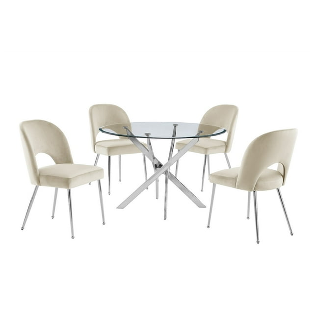 Round 45" x 45" 5pc Clear Glass Dinette Set with Cream Chairs