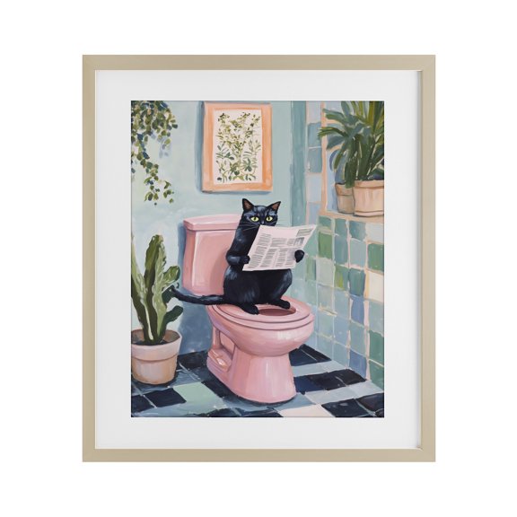 Stupell Industries Eclectic Cat Reading on Pink Toilet Birch Framed Print Under Glass, 17 x 21, by The Prints Vibe