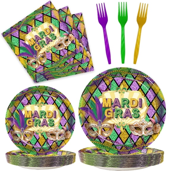 Kepeel 96 Pcs Mardi Gras Party Supplies Masquerade Mask Paper Plates Napkins Set Disposable Dinnerware Tableware for New Orleans Party, Serves 24 C113