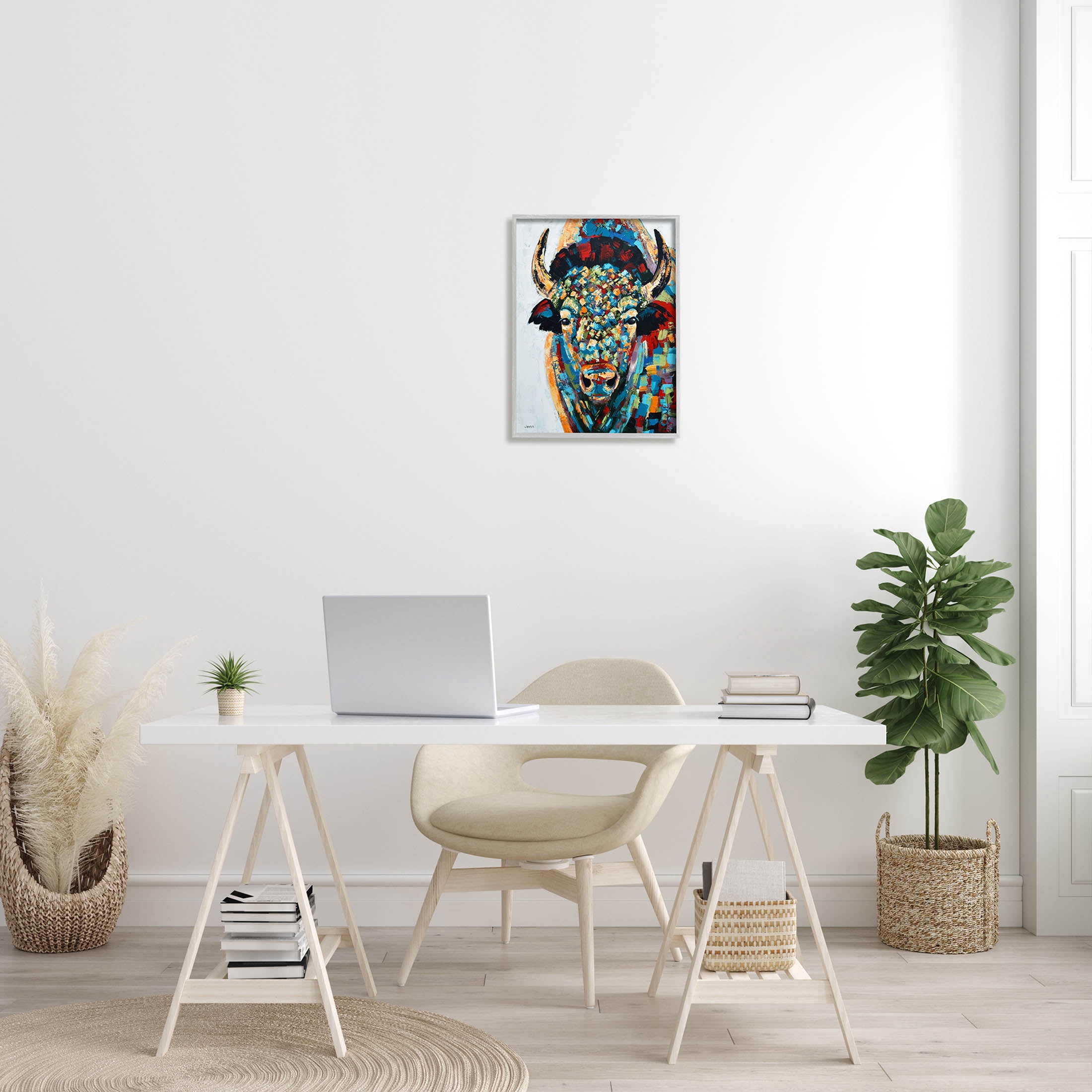 Abstract Bison Kaleidoscopic Strokes Animals & Insects Painting Gray Framed Art Print Wall Art
