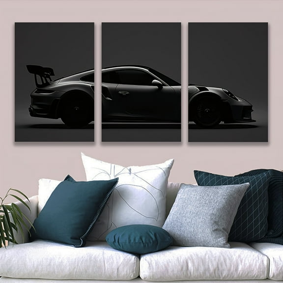 3pcs Frameless Canvas Wall Art - Black Sports Car in Dark Monochromatic Triptych, High-Quality Spray Paint Vertical Wall Decor for Living Room, Office, Bar - Modern Automotive Art Gift for Birthday,