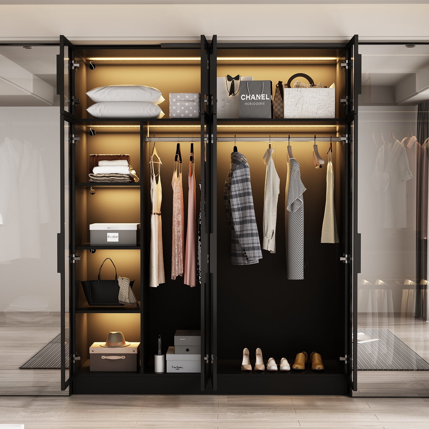 KULAGAGA Bedroom Wardrobe with Glass Doors and Lights,  Armoire Closet Cabinet with Hanging Rod and Shelves, 59" W