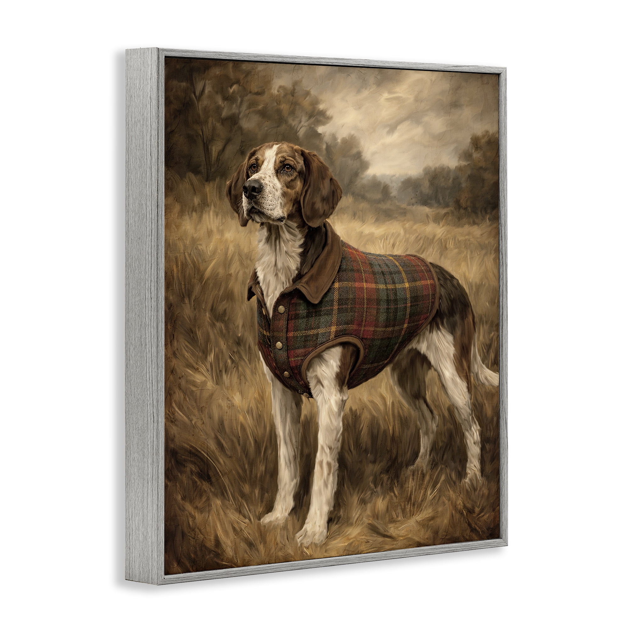 Stupell Industries Hunting Days Plaid Jacket Hound Gray Framed Giclee Art, design by Kim Allen