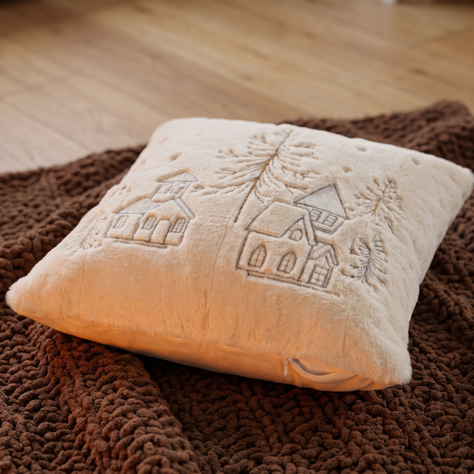 Unique Bargains Plush Embroidered Throw Pillow Cover Cushion Case Village 18"x18"