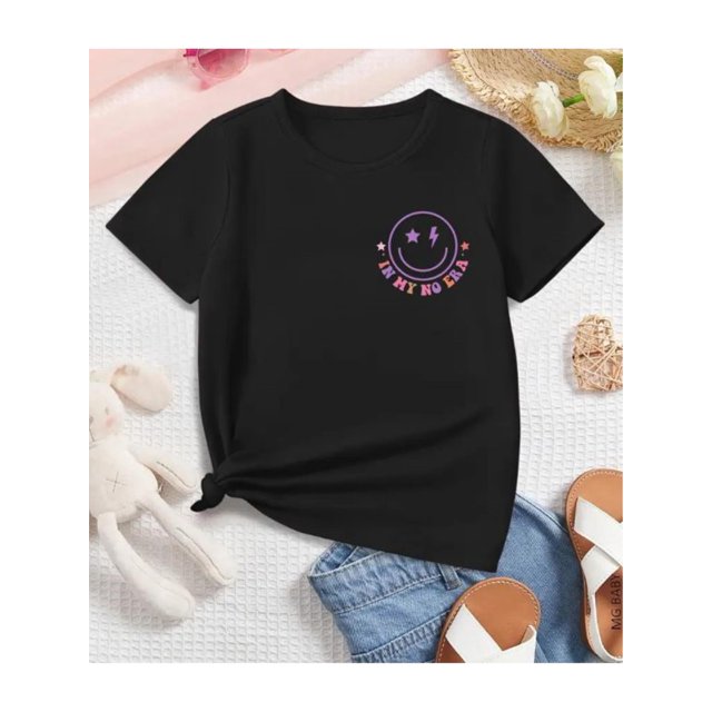 Girls' Casual Knit T-Shirt - Geometric-pattern Print, Cotton Crew Neck, Slight Stretch - Summer Wear | Machine Washable | Random Printing