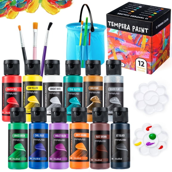Joyfy 12pcs Washable Kids Tempera Paint Set,2 Oz Finger Paints For Kids, Liquid Poster Paint With 6 Brushes, 2 Palette & 1 Paint Brush Clean Bucket
