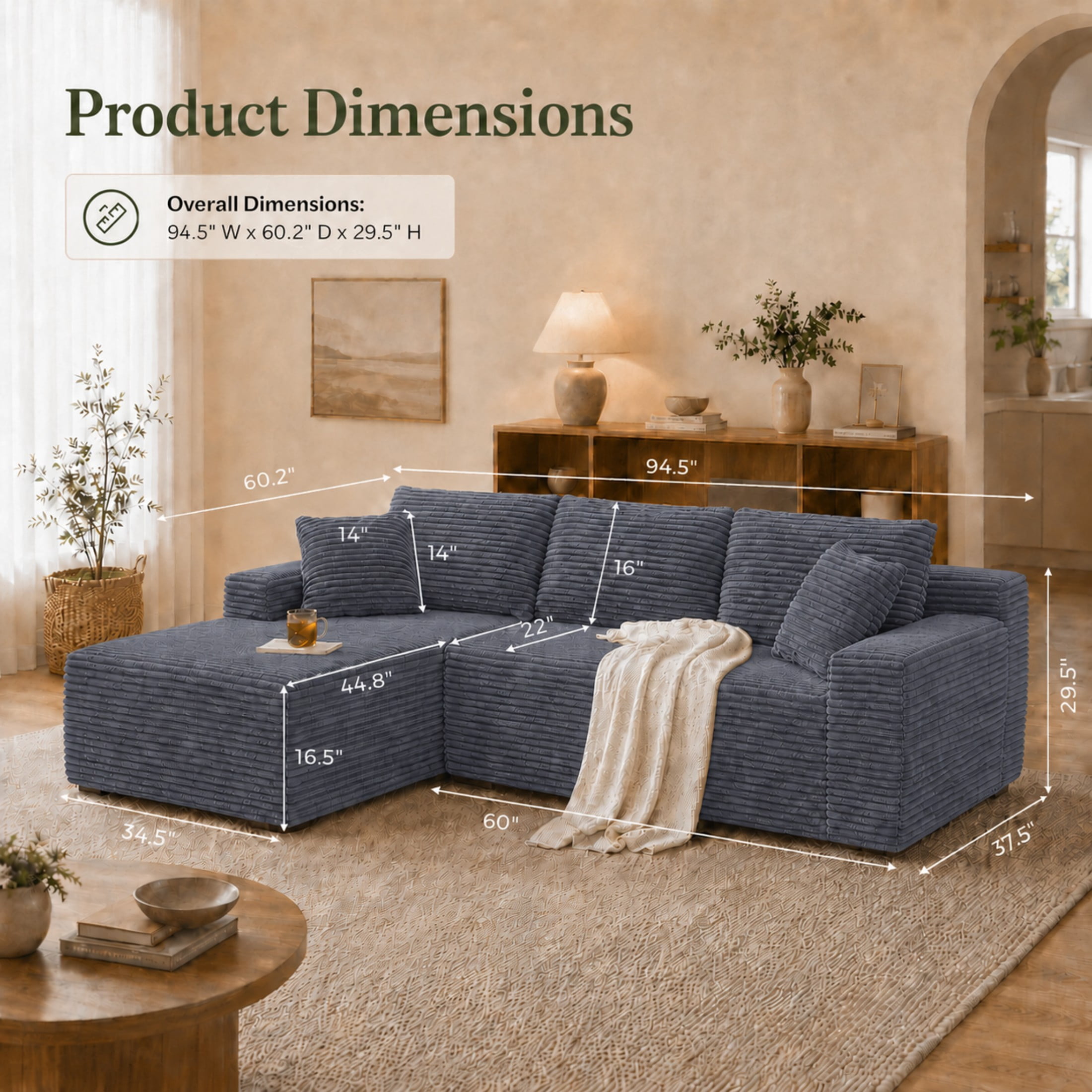 Aenkyo 106 Inch Corduroy L-Shaped Cloud Sectional Sofa with Reversible Chaise, Gray