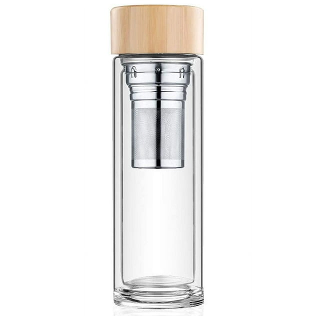 Bouteille d'Eau en Verre Borosilicate à Double Paroi, Design Réutilisable Écologique, Étanche et Résistant aux Rayures, Résistant aux Températures, Portable avec Couvercle en Bambou, Lavable au Lave-Vaisselle, 450Ml