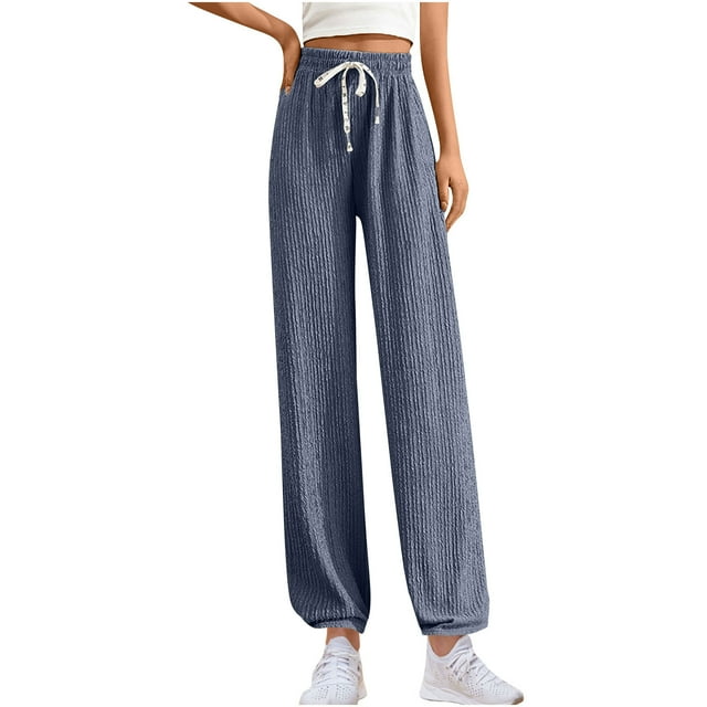 Timegard Wide Leg Pants for Women Ribbed Drawstring Elastic High Waist Pants Casual Comfy Lightweight Trousers