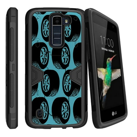 - LG K8 | Escape 3 Dual Layer Shock Resistant MAX DEFENSE Heavy Duty Case with Built In Kickstand - Tires Pattern