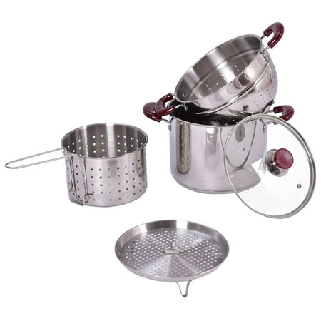 Costway 5PC Stainless Steel Stock Pot 7-Quart Pasta Cooker Set w/Lid and Steamer