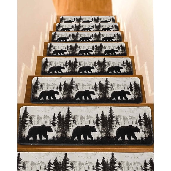 Stair Treads for Wooden Steps,Rustic Bear Peel and Stick Stair Treads with Adhesive,Vintage Country Wildlife Forest Mountains Non Slip Indoor Stairs Runner Rugs Mats for Elders Dogs 8"x30" 7PCS