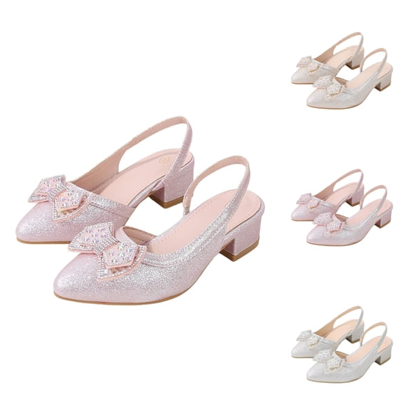 SGFCWSX Girls Mary Jane Shoes Slingback Glitter Rhinestone Bow Low Heel Pointed Toe Dress Shoes for Party Pageant Use Pink Size 1 Big Kids