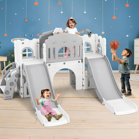 JOYLDIAS 9 in 1 Toddler Double Slide Climber Kids Playset w/Basketball Hoop,Telescope,Non-Slip Steps,Playground Backyard Indoor Outdoor Toys(Gray & White)