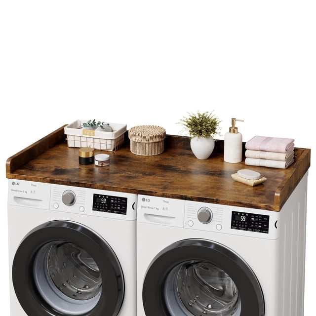 54 Inch Washer Dryer Countertop with 2 Tier Shelf and 2 Drawers, Wooden Laundry Folding Station with Non Slip Pad and Guard Rails, Washer Dryer Topper for Laundry Room Organization, Reddish Brown Grey