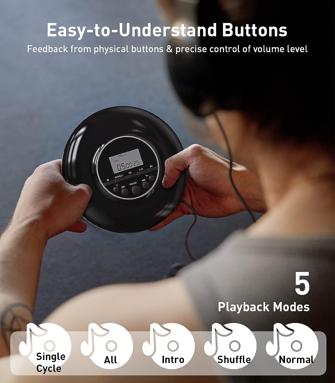 Portable CD Player, Small Music CD Player Walkman for Kids/Seniors with Anti-Skip and Shockproof, Personal Compact Disc Player with Headphones for Home Travel and Car-Black