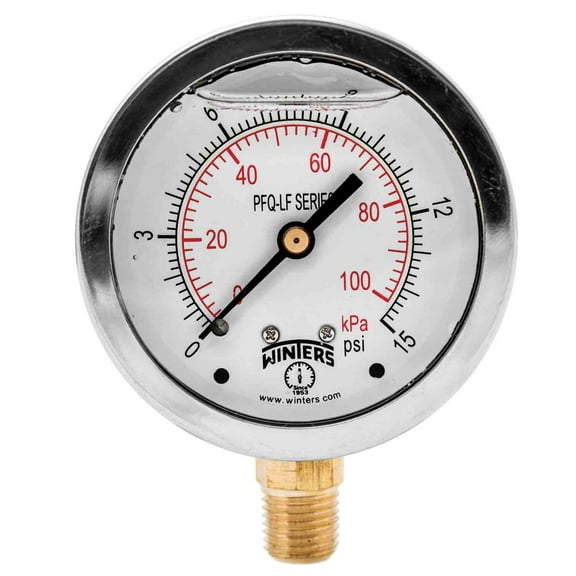 Winters 2-1/2" Dial Size, Liquid Filled Pressure Gauge, Potable Brass Internals, 304 Stainless Steel Case, Dual Scale 0-15 psi/kPa, 1.5% Acc, 1/4" NPT Bottom Mount, Drinking Water Pressure Gauge CA1
