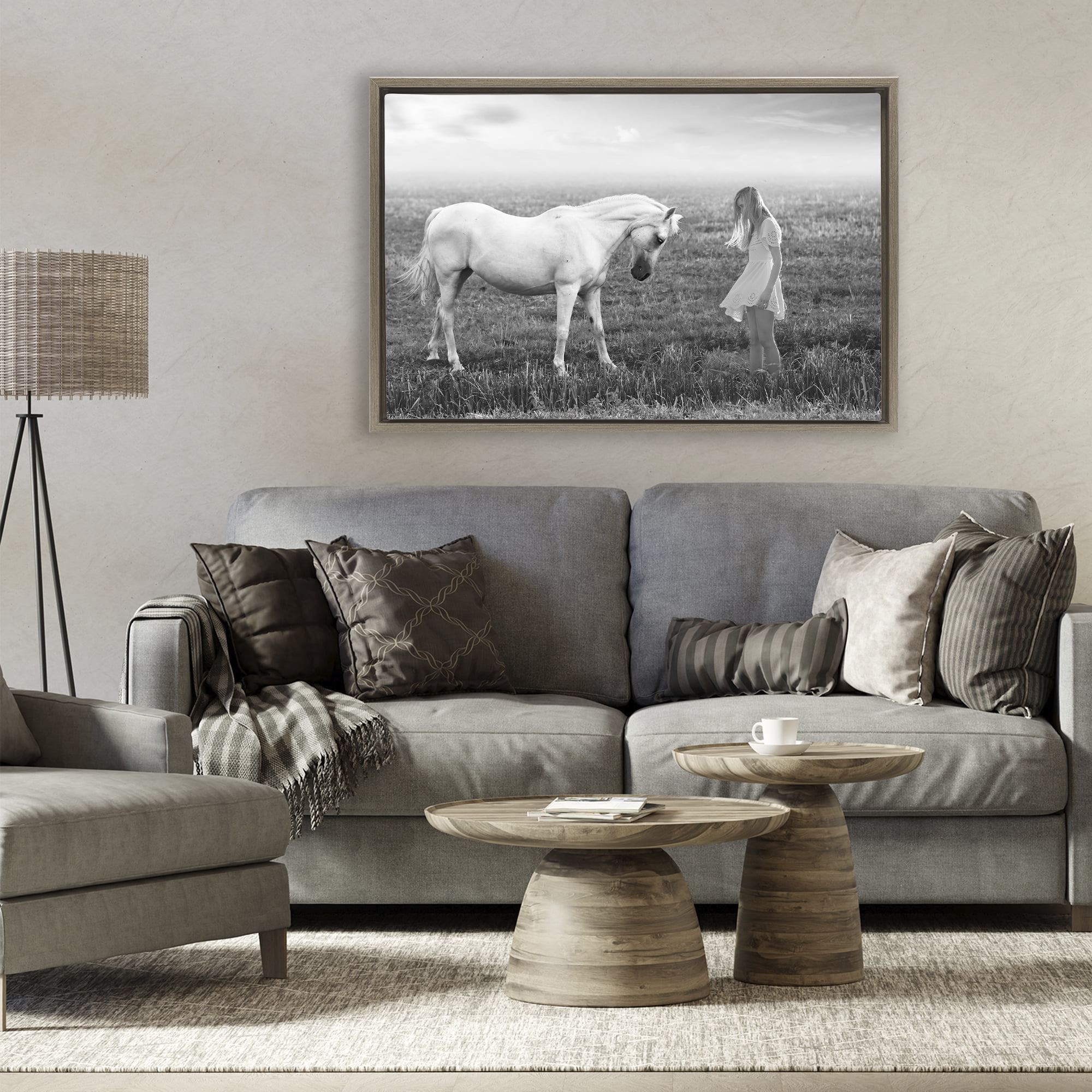 Her White Horse Brown Framed Floater Canvas Wall Art, design by Ata Alishahi