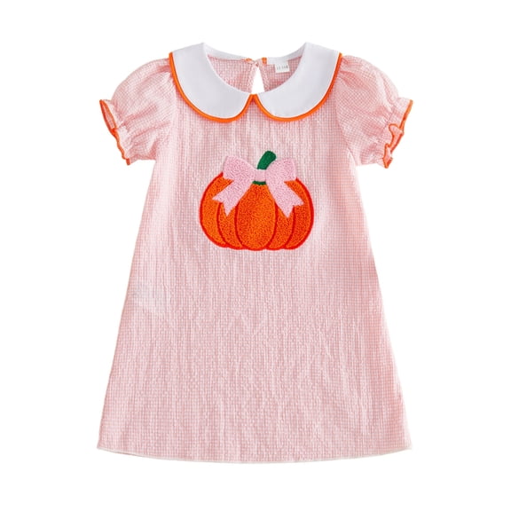 Baby Girls Gingham Halloween Dress, Pumpkin Bow Embroidery Puff Short Sleeve A-Line Outfit for Fall Holiday Photo Daily Wear(Pink,18-24 Months)