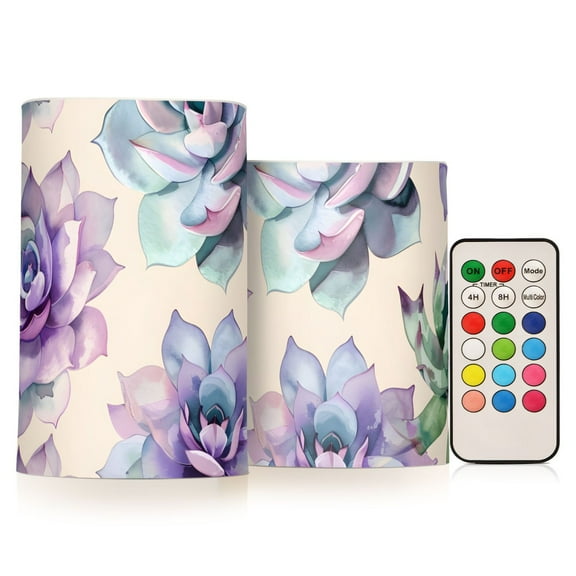 Flowers Succulent Plants Flameless Candles LED Lights Battery Operated Candles with Remote and Timers Flicker Lights Votive Set of 2